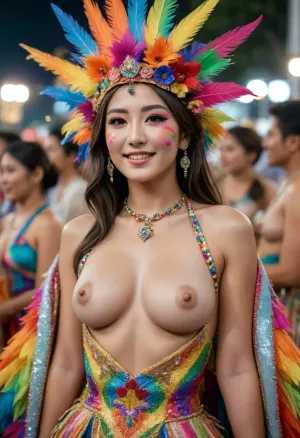 A Japanese woman pose in a joyful moment at the Rio Carnival, wearing a flamboyant multi-colored dress that features a rainbow-striped cape with fringes, the dress is adorned with intricate multicolored sequins and beads reflecting light beautifully, wearing a large elaborate headdress that includes bright flowers, leaves, and feathers, The background is a crowd of people and other vibrant costumes can be seen, suggesting a festival outdoor setting., (breast cutout clothing:1.5), (nude), (pretty face:1.8), (perfect nose:1.6), slender body, long legs, makeup, <lora:Midjourney Image Enhancer XL v1:.8>, <lora:2BoutOvalSDXL2-000002:1.5>