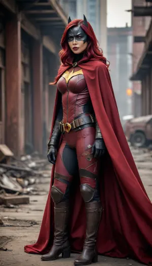 Batwoman, post-apocalyptic steampunk Asian, steampunk Batwoman, long deep red cape.