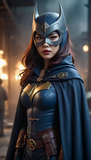 Asian steampunk Batwoman, from a post-apocalyptic world, has a long, deep blue-gray cape and mask.