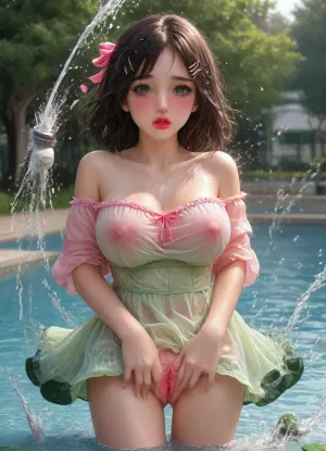 (excellent image quality), totally naked 18 year old girl, red sleek hair in braid, thing eyebrows, pornstar blue eyeshadow, green iris, (wide hips:1.2), (wasp waist:1), (massive natural breasts:1.1), (pink labia:1.3), Her moaning is warm and inviting, her eyes sparkling with joy, excessive milk on breasts, milk on face, messy hair, (ruined makeup), ((exposed pussy)), (open pussy with lipstick), artoflips, uoclips, lips, lipstick, art, of, (((looking, viewer))), (((splash, pad))), ((spray, water)), ((wet, body)), off, shoulder, see, through, dress, miniskirt, wind, park, trees, fluttering, hair, ribbon, drooling, sweat, shy, blush, open, mouth, moist, skin, underboob, <lora:8_Lips:1.1>, <lora:Lip_Gloss_sexy_lips_by_DarkEffect:1.5>, <lora:Art_Of_Lips_PONY_XL_By_UOC:2>, <lora:girllikesplashpad_sdxl:.8>