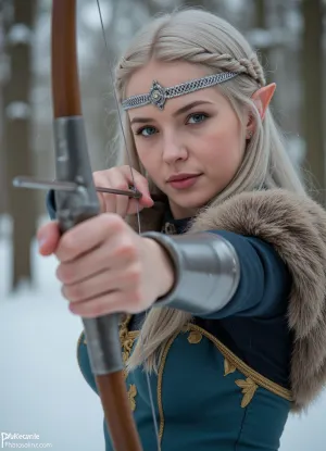 (masterpiece:1.2), (photorealistic:1.1), best quality, ultra detailed, ((detailed skin texture)), (vibrant colors:.9), (finely crafted bow:1.2), portrait of an, (elven archer:1.3), aiming a bow, (long flowing silver hair:1.1), with braided details, (piercing blue eyes:1.2), (delicate elven ears:1.1), intricate silver and gold circlet on forehead, elegant fantasy armor, fur-lined dark teal/blue corset with gold embroidery, archery sleeve on arm, (winter forest background:1.2), (falling snow:1.1), (snowflakes in focus:1.05), soft rim lighting, magical atmosphere, depth of field, focused stare, (hunting:.8), action pose, half body shot.