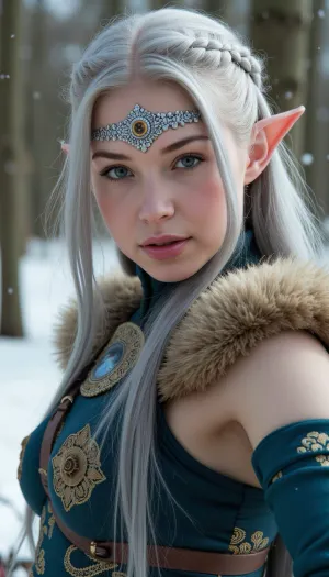(masterpiece:1.2), (photorealistic:1.1), best quality, ultra detailed, ((detailed skin texture)), (vibrant colors:.9), (finely crafted bow:1.2), portrait of an, (elven archer:1.3), aiming a bow, (long flowing silver hair:1.1), with braided details, (piercing blue eyes:1.2), (delicate elven ears:1.1), intricate silver and gold circlet on forehead, elegant fantasy armor, fur-lined dark teal/blue corset with gold embroidery, archery sleeve on arm, (winter forest background:1.2), (falling snow:1.1), (snowflakes in focus:1.05), soft rim lighting, magical atmosphere, depth of field, focused stare, (hunting:.8), action pose, half body shot.
