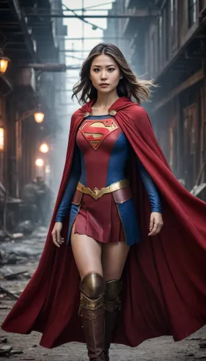Supergirl, post-apocalyptic steampunk Asian, steampunk Supergirl, long red cape.