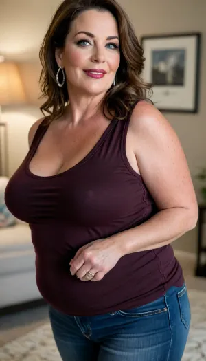 50 year old mature milf, oversized ssbbw. brunette hair, Oversized thick thighs and oversized wide hips. Oversized wide tank top. huge full bosom with mature natural drop, wrinkles on face. fine mature facial features, Long eyelash. blue eyes, lipgloss, lipstick. Tight jeans. Big earrings. Seductive posing., lovely smile, <lora:style_lora_realis:.8>