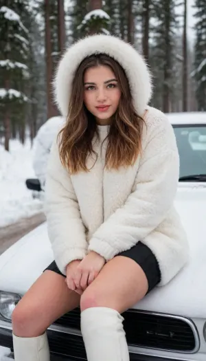 girl, 25yo fit baltic girl, in winter, in wood, snow, all white in snow, white jumper under fur coat, pines on background, sitting on cars bonnet, on legs warm white winter boots, black skirt, white fluffy fur coat, smirk, black long haired girl, white winter glowes on hands, white car, Pinwood, birch, spruce, Norway Spruce, snowing, classiccars, car, headlight, supermodel, face, big, lips, BadX, <lora:ClassicCars-XD:1>, <lora:car_headlight:1>, <lora:Beautify-Supermodel-SDXL:1.1>