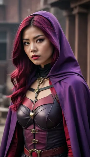Batwoman, post-apocalyptic steampunk Asian, steampunk Batwoman, long deep purple cape.