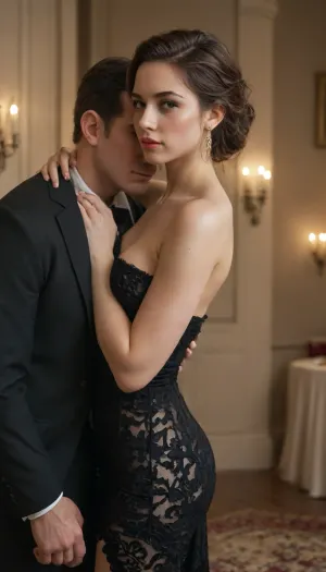 elegant woman, undressing black strapless tube dress, bodycon, black lace garter belt, elegant man embracing her, in red salon in palace, warm lightning, tobacco smoke atmosphere, porno chic movie, subdued atmosphere, <lora:Plain_tube_dress:.8>
