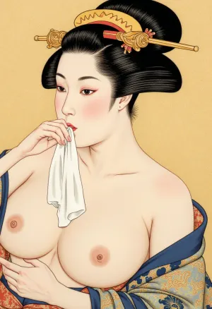 17th century, (cherry wood panel:1.8), (wood grain visible through the drawing), (Japanese style ukiyo-e print on wood panel), (1.2), (reproduction of Kitagawa Utamaro's painting Courtesan), depicting, (detailed portrait of a geisha), (1.3), close-up, woman with black hair gathered in a bundle, (holding a white cloth to her mouth), (1.1), (red lips), bare chest, modest expression, (soft yellow background), traditional Japanese facial features, (high quality), detailed work, (fine lines), (watercolor colors), traditional Japanese patterns, (patterned clothing), artistic, (high resolution), graceful composition, (graceful pose), (((ukiyo-e in the style of Kitagawa Utamaro))), (framed wood panel:1.4), on the bedroom wall of the shogun's castle, Kitagawa Utamaro, <lora:Flux Imitation of Ukiyo-e style v0.2:.8>
