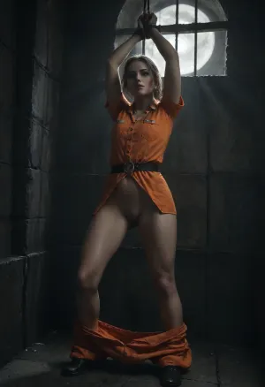 blonde slender flat-chested woman, 26 years, female prison inmate, (wears orange prisoner clothing:1.6), pants are pulled down, vertical suspension bondage, arms tied above head to bars, centre of prison cell, murky lighting, night, moon through prison barred window, side angle, full view, three-point perspective, (pussy touched from behind by a male policeman in uniform:1.6), cloudy, smoke, atmospheric, clouds, fog, sunlight_str1, Black, and, white, art, black, shading, charcoal, toned, brutal, dark, b/w, color, scheme, medieval, dungeon, pr1s0n, c3ll, <lora:dark:.1>, <lora:Cloudy_Style:.7>, <lora:sunlight_str1-SDXL_v1-dim64-steps1691:1.1>, <lora:Black and white art.V1:.4>, <lora:medieval_dungeon_pr1s0n_c3ll:1.8>