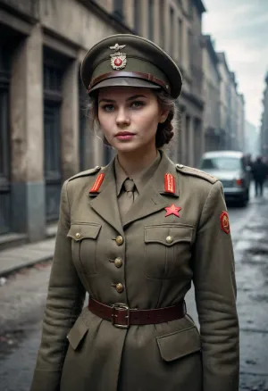 epic ww2 photo of USSR soldier girl dressed torn USSR army uniform with cap, dirty skin, ww2 dirty ruined street, ww2 style, dark, moody, dark fantasy style, 8k, professional photograph, high quality, HDR, dim light, faded colors, grainy, sharp focus, natural thick unshaved pussy, tight slit, ​standing by a military side-car