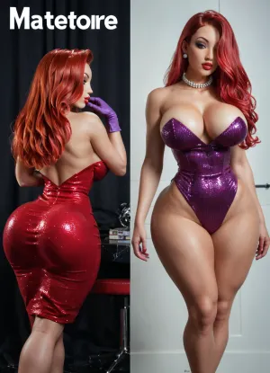 (masterpiece), (best quality), (ultra detailed), American beauty Twitch streamer with the most perfect and gorgeous ass in the world, In the image of Jessica Rabbit, standing, large bimbo breasts, (bulging athletic giant ass:1.2), (very wide hips:1.3), (slender perfect legs:1.1), (Jessica Rabbit's hairstyle), (ruby hair:1.5), (long hair:1.1), (makeup:1.1), Jessica Rabbit's dress, beaded collar, dressed, (solo woman), red, dress, JR1024, playboy, magazine, cover, 1960s, 1970s, 1980s, 1990s, 2000s, <lora:add-detail-xl:.8>, <lora:JR1024:1.1>, <lora:playboy_cover_SDXL_v1:1.1>