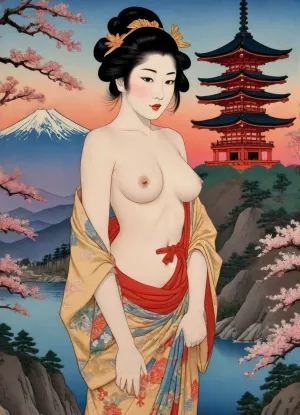 A beautiful 17th century Japanese courtesan from Edo, wearing a beautiful kimono, (small breasts visible, topless:1.3), (pagoda temple:1.5), vibrant cherry blossoms, (the sunsets over Mt Fuji in the background), printed on a wood panel, (Ukiyo-e Art:1.5), Ukiyo-e, Art, <lora:Ukiyo-e Art:2>, <lora:Chromatic_Taleweaver:1.1>