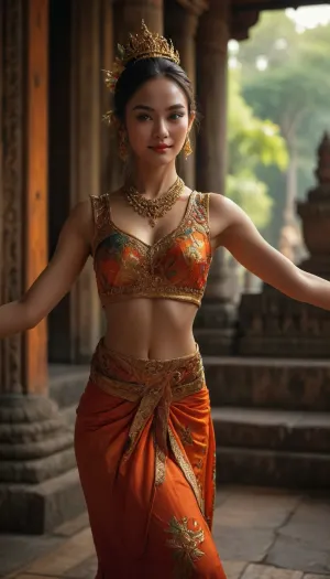 A highly detailed, photorealistic scene set in an ancient Thai temple, featuring a beautiful Thai dancer performing an elegant, graceful dance. The dancer wears traditional attire, richly detailed with vibrant colors and intricate patterns. Her face is characterized by gentle, almond-shaped eyes, a smooth, radiant complexion, and delicate cheekbones. She has a soft, inviting smile, and her expression exudes grace and warmth. The temple setting is lush and atmospheric, with ancient stone structures and tropical plants. The dancer’s body and attire are depicted in exquisite detail, and the overall scene captures both sensuality and elegance, (maximum photo quality:1.4), (maximum resolution:1.5), <lora:MJ52:.6>, <lora:hair-over-face-01-000007:.8>
