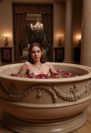 Photorealism, photorealism, realism, {a room in an ancient castle, the setting and atmosphere of an ancient mysterious castle, carved columns, candelabras with flickering candles, tapestries on the walls, (with a stylized antique marble luxurious bathtub of enormous size with decorations), filled with water with flowers and rose petals, in which, (a luxurious elf with elven ears and a gold necklace is bathing), she is bare-breasted, magic hovers over the elf, mysterious glows, realistic, highly detailed, ultra-realistic, cinematic lighting, 8K