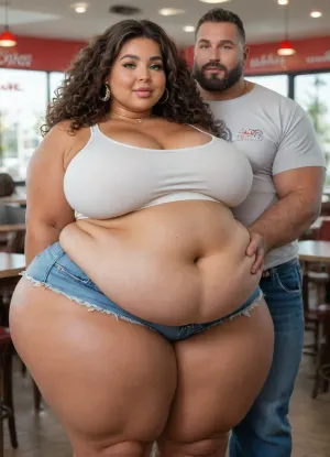 (masterpiece, best quality), (location is a McDonald’s restaurant), (standing), (1 fat woman + 1 muscular men), ((A very lush and voluptuous very beautiful short Lebanese 20-year-old chubby girl with a beautiful bronze tanned skin with massive wide thighs and chubby cheeks and a very pretty chubby face with double chin and very long brown curly hair wearing daisy duke shorts and a white Crop top very realistic green eyes, lips parted, perfect heavy sexy bimbo makeup, juicy red glossy lips)), (fat girl:1.4), (obese girl:1.4), (very chubby fat face:1.6), (very chubby fat cheeks:1.5), (chubby neck:1.2), (fat creases on Belly:1.4), (fat rolls:1.4), (thick chubby lovehandles:1.2), (wide hips:1.2), (fat bubble butt:1.2), (chubby thighs:1.2), (chubby belly:1.2), (chubby girl:1.4), (chubby arms), seductive eyes, ((tall handsome athletic muscular man with a big beard standing next to the women who grabs on her belly:1.7)), sexy head-tilt, captured with a Leica M10, Leica Summilux 50mm f/1.4 lens, sharp focus, best shadow, score_9, score_8_up, 8K, UHD, clear image, extremely sharp, extremely detailed, extremely intricate detail, high res, ultra-high-definition, highly detailed, ultra-sharp textures, finely detailed, perfect skin texture, hyperrealistic lighting, professional photography, full dynamic range, deep contrast, high clarity, realistic depth of field, HDR, perfect exposure, smooth gradients, volumetric lighting, natural reflections, ultra-fine details, realistic skin pores, individual hair strands, bokeh, soft shadows, color-graded, NEGATIVE_HANDS, igbebe, <lora:attractive_notrigger:2>, <lora:IG_Babe:2>