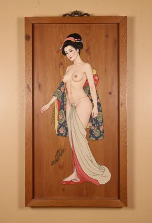 A 17th century, (wooden panel:1.8), with a drawing in traditional Japanese ukiyo-e style, it depicts a {half nude sexy Japanese geisha from Edo}, depicted in the ukiyo-e style, on a, (wood panel:1.4), on the bedroom wall of the Shogun's castle, superdetailed image, high quality, masterpiece, traditional japanese, (ukiyo-e style:1.6)