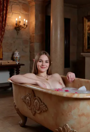 Photorealism, photorealism, realism, {a room in an ancient castle, the setting and atmosphere of an ancient mysterious castle, carved columns, candelabras with flickering candles, tapestries on the walls, (with a stylized antique marble luxurious bathtub of enormous size with decorations), filled with water with flowers and rose petals, in which, (a luxurious elf with elven ears and a gold necklace is bathing), she smiles gently, her breasts exposed, magic hovers over the elf, mysterious glows, realistic, highly detailed, ultra-realistic, cinematic lighting, 8K