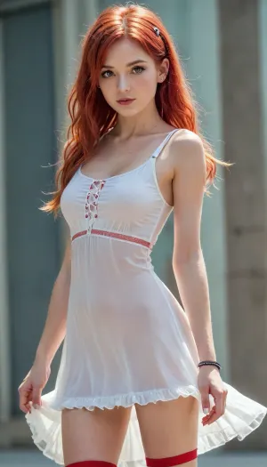 hyper detailed hyper realistic natural petite cutie, 25 years old beautiful model, (very slim), ((bright red disheveled hair, long hairstyle with pigtails, hair curly in the wind)), extremely gorgeous, lace stockings, knee socks with frills and ribbons, long very shapely legs, visible shaved pussy no panties, legs spread, legs apart, clip, perfect composition of lights and shadows, warm lights, the brightest image, crystal clear focus, (saturated colours:1.5), (small elastic breasts), small elastic breasts in a bra + T-shirt, (thin waist), ((cyber Glossy red and white fabric long dress, transparent white panties)), S3r4h, F4rr0n, girl, pink, hair, top, skirt, boots, <lora:Serah_Farron:1.2>