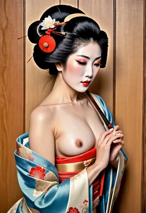 A sexy Japanese geisha woman from Edo, depicted on a, (wood panel:1.4), in the ukiyo-e style.