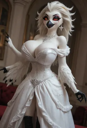 (front angle view), ((avian female, Stella from helluva boss, makeup, black lips, avian arms, avian legs)), 5 fingers, anthro, anthrofied, white feathers, black beak, huge breasts, black sclera, red eyes, (white gala dress:1.2), breasts, avian, arched back, (), big thighs, Bimbo body, (((furry art, furry woman))), <lora:add-detail-xl:1.5>