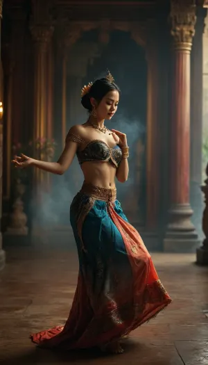 A photorealistic scene set in an ancient Thai temple, featuring a beautiful Thai dancer in traditional attire. The dancer is performing an elegant, graceful dance, her movements fluid and captivating. Her clothing is intricately detailed, with vibrant colors and traditional patterns. The setting is lush and atmospheric, with ancient stone structures, tropical plants, and soft, natural lighting. The dancer’s face and body are depicted with exquisite detail, capturing the elegance and grace of the moment. The scene is designed to be both sensual and highly detailed, focusing on the dancer’s expression, attire, and the ambiance of the temple, (high resolution:1.5), 8k, perfect realistic photo, smoky blues toward the back of the room. Volumetric smoke effects, highly detailed vintage fabrics, soft cinematic depth, Parisian cabaret elegance, 19th-century atmosphere, richly textured environment., (maximum photo quality:1.4), (maximum resolution:1.5), <lora:MJ52:.6>, <lora:hair-over-face-01-000007:.8>