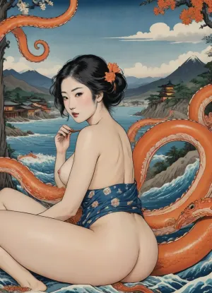 Ukiyo-e Art, Japanese women, a giant orange octopus fucking the women, Octopus looks at the camera, tentacle encircle women's legs and breasts, (orgasm:.8), erotic image, Kimono wide open, Edo village in the background, 2d art, woodblock print style of hokusai fine art style of kanagawa painting /relax, lineart, line, art, flat, colors, color, <lora:Ukiyo-e Art:.6>, <lora:lineartSDXL:1.3>, <lora:Chromatic_Taleweaver:.6>