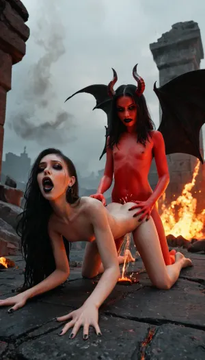 Two Lesbians. 4 foot tall, naked, ghostly Amazingly Sexy Succubus, very large leather like devil wings, small horns, short tail. medium length finger nails with black nail polish flat chest and tiny breasts, sexy girl, Black hair with Dark Red highlighted bangs, super long hair, straight hair, eyes glowing red with energy, ((very skinny and tiny)), 18 yo, (freckles:1.5), ((very big plump lips)), tiny torso, tiny legs, tiny breast, flat chest, heavy black makeup, ((black lipstick)), slender face, high cheekbones, tiny hairy pussy, sat on a Throne of fire.

Seductive lesbians.
lesbian Demon Girl on all fours before her and licking her pussy, squirting orgasm. moaning orgasm face. Super sexy girl, ((purgatory, hell, hellfire, fire, scorched, infernal landscape, Hellfire swirls at her feet as tortured souls writhe in the lava behind her. The atmosphere is dense with smoke, sparks, and an eerie red glow. The lighting is cinematic, moody, and soaked in power and temptation. Unreal levels of detail, photorealistic, hyper-stylized, dark fantasy, high contrast, fire-lit)), <lora:Mistress_of_the_night-000016:.8>
