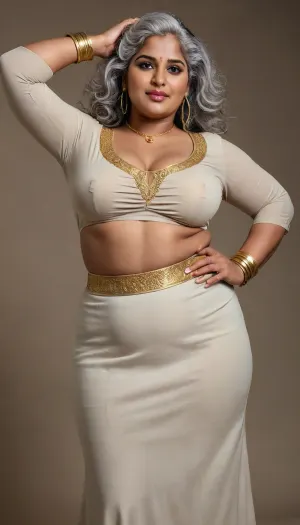 Create Ultra-realistic, full-body portrait of a beautiful, plus-size kerala curvy 50 pluss woman with black dusky skin tone with deep navel, gold cuffs, hoop earrings and gold jewllery, light grey hair, 40DD breast, showing armpits with hands lifted up, blouse with deep cleavag and low hip skirt full length pic.