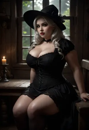 Beautiful young fat obese woman sitting in a witches house, wearing a totally black dirndl dress, all in black, just above the knee, detailed lace, corset style with black buttons.
white hair.
wearing a witche's hat

realistic lighting, cinematic look, highly detailed face, huge breasts, wide round hips, natural skin texture, perfect body proportions, soft depth of field, ultra realistic, 8K, masterpiece, warm bokeh background, full frame, realistic arms and legs, no distortion, no blur, no watermark, no extra people, no shortened body, no deformed arms, no double faces, no extra fingers, no text, no logo, no noise, no artifacts, huge, massive, <lora:Chubby BBW - XL:1.9>, <lora:SDXL_MassiveCowsLoRA_v1:1.7>, <lora:dark:.8>, hat, <lora:SDXL Blackhat v0.1:.8>