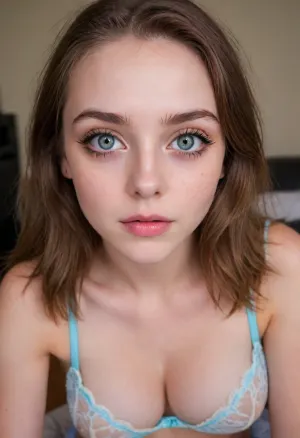 (18 Year old:2), (sitting in a gamer chair:1.5), (Irish, pale skin, freckles, freckles on face), (web cam snapshot, portrait, body portrait with emphasis on her eyes, close up of chest, fisheye lens:1.5), (ring lighting, ringing lighting reflected in eyes), (Scandinavian and Irish features), (photorealistic, photo realistic, photorealism, photo realism:1.8), (4k, 8k, 8k resolution, best quality, ultra quality, highest quality, maximum quality, uncompressed, raw source photograph:1.2), (same color eyes, symmetric eyes, matching eyes, detailed eyes, detailed iris, detailed pupils, limbal ring around iris, perfectly round iris, perfectly round pupils:1.4), (dark eye shadow, dark eyeliner, goth makeup), (detailed skin, high detailed skin, intricately detailed skin, perfectly detailed skin, high quality skin, highest quality skin, exquisitely textured skin), (intricate clothing, detailed clothing), (microblade eyebrows, perfectly manicured eyebrows), (flushed cheeks, flushed neck, blushing cheeks, blushing neck), (overfilled lips, juicy lips, filled lips, puffy lips, glossy lips, her thick wet lips are slightly parted, nervously biting lower lip, lip bite, lip biting), (emo makeup, scene queen makeup, alternative makeup, e-girl makeup), (narrow jaw, delicate jawline, pointed jaw and chin, heart shaped face, pixie face, fairy face, fae features, extremely feminine face, round face, chin, mouth, high cheekbones, sharp cheekbones, faint vellus hairs, cute tall tall tall dimpled cheeks), (upturned button nose, upturned nose, delicate nose, nose), (long hair, wavy hair, loose hair framing her face, messy hair, tousled hair, bed hair, sex hair, dark colored hair with blue highlights, side bangs), (eyes slightly crossed, big eyes, wide eyes, doe eyes, slightly wide set eyes), (striking eyes, captivating eyes, mesmerizing eyes, fae eyes), (pale green eyes with golden flecks), (perky breasts, small breasts, smallnatural breasts, sagging breasts), (chubby body, bbw body, curvy body, thick body, soft shoulders), (portrait of chest up, tight closeup of body and face), (looking straight into the camera, looking straight ahead, head slightly raised, gazing lovingly straight into the camera, looking down on her from above), (she's in love, adoring gaze), (topless), (relaxed posture, casual pose), (lace underwear, sexy underwear, lace bralette), (loving expressing, adoring expression, joyous, joyful, pleased), (girlfriend, girlfriend material, girlfriend experience), chest up view, large cleavage, supermodel, face, big, lips, downblouse, <lora:Beautify-Supermodel-SDXL:.9>, <lora:RealDownblouseXL2:.8>, eyeliner, thick, graphic, eyelashes, <lora:Xtreme_Liner:.8>