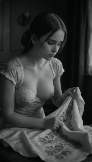 A 19th-century girl embroiders a towel with floral patterns., <lora:CinematicStyle_v1:.8>, 19th, century, antique, photo, monochrome, <lora:19th_Century_Women:.8>, one, breast, out, <lora:one breast out XL:.8>