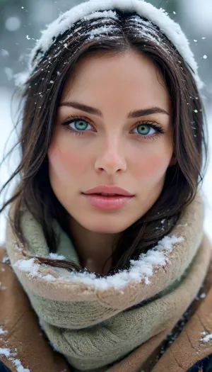 Masterpiece, perfect proportions, view from above, beautiful sexy skinny 30 years french woman, skinny, very long cascading black hair, large boobs, (perfect face), high detail, ((topless, visible boobs)), shy smile, chapka, scarf, opens coat, heavy eyeliner makeup, snowy moutains, (((laying in the snow))), ((stunning eyes)), perfect eyes, cold day, <lora:MJ52:.8>, looking, at, viewer, <lora:looking_at_viewer:.8>, green, eyes, blue, brown, perfecteyes, <lora:PerfectEyesXL:.8>