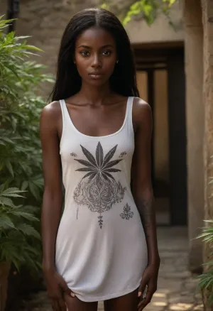 A photorealistic scene in the peaceful garden of an old monastery, illuminated by warm, golden afternoon light. A 22 years old nude African woman with, (very dark skin and black hair:1.8), and a thin, athletic, lightly muscular body stands on a small stone path surrounded by herbs, flowers, and ancient garden walls. She has long blonde dreadlocks wrapped partially in a colorful hippie headscarf. Her expression is calm, free-spirited, and serene, (white full-body cannabis-motive tattoos:1.8), (that cover 90% of her skin:1.8), all over her arms, breast, shoulders, back, and all parts of her legs. The white tattoos consist of cannabis leaves, detailed cannabis flowers, geometric shapes, and artistic joint motifs, all designed in an intricate, stylized, non-explicit manner. The tattoos blend harmoniously with her skin, appearing like living artwork under the sun. Soft shadows from the monastery’s stone walls and tall cypress trees create a dramatic, atmospheric contrast around her. The entire garden glows with gentle highlights, subtle textures, and a deeply peaceful mood, combining ancient architecture with a modern, expressive, free-spirited character.