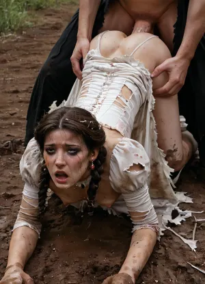 masterpiece, beautiful Russian peasant, 25 years old, mature, on all fours, fucked by men, ((small tits are clearly visible)), nipples sticking out, dressed, (((dirty, worn, torn white dress of a Russian peasant woman of the Victorian era of the 1800s))), hands pulled back, abuse, devastation, fear, gangbang, (((Makeup is ruined, mascara is running))), (((Small breasts are clearly visible))), outdoors in a Russian village of the 1800s. Harsh military photo. Men in military uniforms. Assfuck, fucked in ass, Big, cock, revsitting, revstanding, Tifa, Lockhart, <lora:pein:.8>, <lora:revsex_SDXL_1_:.8>, <lora:Tifa-Lockhart-Pony:1.2>
