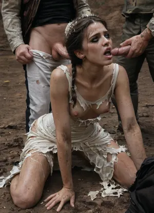 masterpiece, beautiful Russian peasant, 25 years old, mature, on all fours, fucked by men, ((small tits are clearly visible)), nipples sticking out, dressed, (((dirty, worn, torn white dress of a Russian peasant woman of the Victorian era of the 1800s))), hands pulled back, abuse, devastation, fear, gangbang, (((Makeup is ruined, mascara is running))), (((Small breasts are clearly visible))), outdoors in a Russian village of the 1800s. Harsh military photo. Men in military uniforms from the Second World War., Big, cock, <lora:pein:.8>, revsitting, revstanding, <lora:revsex_SDXL_1_:.8>, Tifa, Lockhart, <lora:Tifa-Lockhart-Pony:.8>