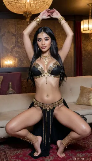 ((full body view)), Indian bride in black Arabian belly dancer costume in a night club, hands above her head, Seated around her an audience lounges on plush cushions sipping wine and indulging in sweet dates and nuts, Arabian clothes, lots of bracelets, jewelry, frills, armlets, gold chains, revealing clothes, black hair, dancing in spotlight, Persian setting of a luxurious harem, sai, Jasmine, rashmika, apsaraclothing-style, dark skin, Arabian Belly dancer, Transparent bra, large breasts, bmbplora, <lora:bimboxl_02:1.3>