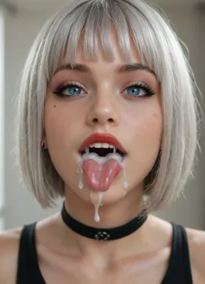 Emo girl, girl 25 years old, silver hair, (bob cut with bangs:1.5), smile, Blue eyes, goth girl, goth makeup, red lipstick, cat eye makeup, long eyelashes, voluminous eyelashes, slightly long tongue, steam mouth, saliva, uvula, close up mouth, focus on mouth, cum on tongue, cum in mouth, cum overflow the mouth, excessive cum filled mouth, excessive cum bubbles in mouth