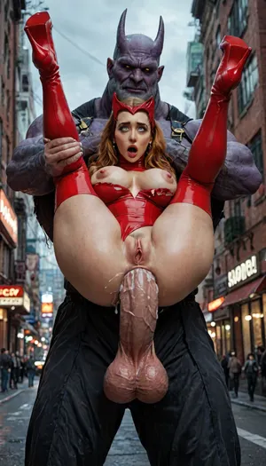 8k, score_9, score_8_up, score_7_up, FILM PHOTOGRAPHY STYLE, cinematic photography of a woman, professional portrait photo realism, scarlet witch, ripped leotard costume, red thigh high heeled boots, long ginger hair, exposed breasts, full nelson, anal sex, ahegao, running makeup, legs held back, cum in ass, thanos, extreme massive penis, hyper thick penis, super veiny penis, penis × scale, massive swollen hanging swinging balls, balls × scale, extreme amounts of cum, new york rooftop, night, devil hs art style, big Breasts, full body view, <lora:detailed_notrigger:2>, <lora:add-detail-xl:.8>, <lora:LCMTurboMix_Euler_A_fix:.8>, <lora:style_lora_realis:.8>