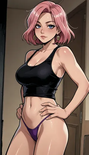 ((Melkor mancin meet markgavatino style)), reiq style, Solo, Milf, pink hair, (at doorframe), bimbo body, wearing black tank top, and purple thong, hands on hips, flirty, (intense blushing), ratatatat74, hiro, style, monochrome, <lora:LCMTurboMix_Euler_A_fix:1.1>, <lora:EnvyBeautyXL02:1.9>, <lora:ratatatat74-000050:1.5>, <lora:mk_Bp Anime_xl:1.7>, <lora:hiro（aw）_XL:1.8>