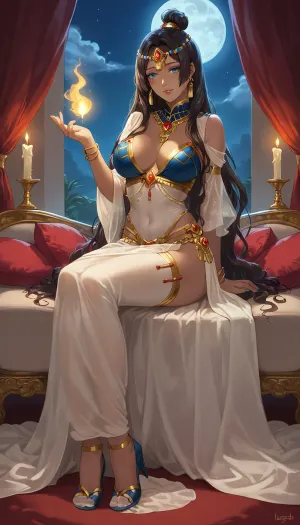 A full-length photograph of Arabia at night, a cozy room in a palace, furnished with oriental luxury, filled with soft candlelight, where a beautiful young oriental woman, Scheherazade, dressed in a very revealing oriental costume, lies on a sofa among pillows. Her long, flowing hair sparkles in the moonlight, and her eyes are full of wisdom and mystery. Her lush, beautiful breasts are almost completely exposed. Candlelight shadows dance around her, and a full moon is visible outside the Arabian-style window. This is a stunning work of art that conveys an atmosphere of mystery, romance, and the power of the feminine spirit., <lora:Dever_Flux_Enhancer:.8>, detailed, style, <lora:detailed style v1.5:.8>, <lora:hentai_anime_style_xl_v1:.8>