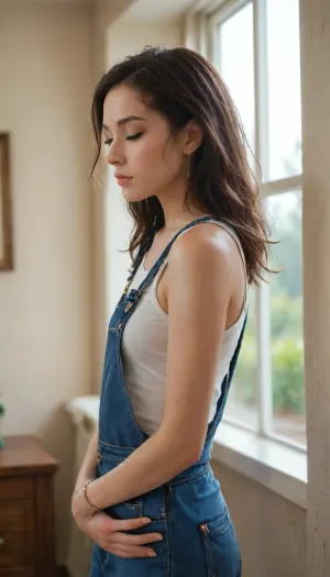 side view, 1girl, solo, overalls, closed_eyes, black_hair, window, long_hair, bracelet, jewelry, indoors, realistic, <lora:aki:1.8>, <lora:skirtLift:1.4>, <lora:add-detail-xl:2>, <lora:PerfectEyesXL:2>
