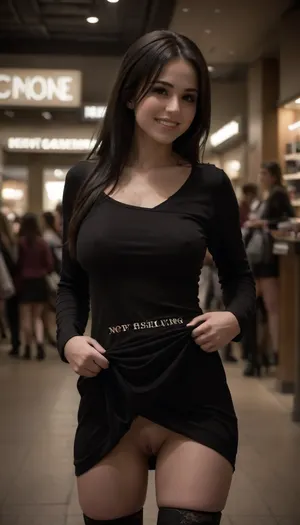 high boots up to mid-thigh, attractive Czech woman in her 20s, in a crowded shopping mall, slim, muscular legs, athletic body, ((one breast out:1.4)), walking, clothes pulled down, long black hair, loose partial ponytail, looking away, confident smile, ((microdress with single long sleeve with the writing "not showing the other tit":1.3)), purse, shopping bags, flat sandals, logo, text, sign, that, says, the, word, skirtlift, one, breast, out, hhpointedboots, boots, <lora:texta:.5>, <lora:dark:.5>, <lora:skirtlift_xl:1.3>, <lora:one breast out XL:.8>, <lora:hhpointedboots:1.9>