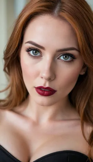 ziprealism, (30yo, intimate sensual esthetic, artistic study of feminine allure, offset composition), (seductive sensual expression, sensual eye contact, soft bashful smile, unsure pose:1.2), (f/2.8, shallow depth of field, subtle bokeh), (closeup, high angle view, view from side, shot in profile, focus on eyes:1.8), (satiny rich ginger hair with dark roots, straightened long hair, luxurious hair obscuring face, dark full eyebrows:1.4), (athletic body, sexy shelf top corset:1.4), (full lips, soft pillowy lips, moist lips, vibrant red lipstick:1.2), (natural skin texture, long thick eyelashes, delicate innocent facial features, large expressive doe eyes:1.2), (cozy bedroom), (large teardrop breasts, soft breasts, slender waist:1.4), (strong defined jawline, large expressive eyes, catchlights)