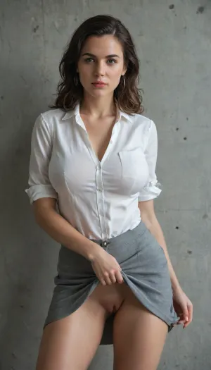 Caterina Sforza, (Assassin's Creed II), woman, her loose very white lenin shirt with buttons, huge natural breasts, curvy body, thick pelvis, thick thighs, thick arms, grey skirt, front angle shot, looking at the viewer with lustful expression, grey wall background, front lighting, diffuse lighting. standing towards the wall. One hand lifting up her skirt up and second hand pulling down her grey panty showing her sexy pussy, pussy visible. S6