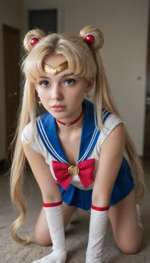 18 years blond girl in livingroom, Cosplay Sailor moon. On all fours, moon_a_xl, double, bun, twintails, long, twin, tails, blonde, parted, bangs, circlet, jewelry, earrings, choker, sailor, senshi, uniform, red, bow, white, gloves, elbow, blue, skirt, <lora:セーラームーン Sailor Moon  (Pretty Soldier Sailor Moon)_XL:.8>, <lora:kenziereeves_SDXL:.8>, flashing tits, orgasmic face, daddy fuck her Doggystyle, most orgasmic face