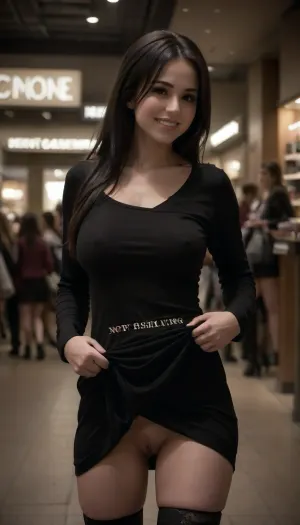 high boots up to mid-thigh, attractive Czech woman in her 20s, in a crowded shopping mall, slim, muscular legs, athletic body, ((one breast out:1.4)), walking, clothes pulled down, long black hair, loose partial ponytail, looking away, confident smile, ((microdress with single long sleeve with the writing "not showing the other tit":1.3)), purse, shopping bags, flat sandals, logo, text, sign, that, says, the, word, skirtlift, one, breast, out, hhpointedboots, boots, <lora:texta:.5>, <lora:dark:.5>, <lora:skirtlift_xl:1.3>, <lora:one breast out XL:.8>, <lora:hhpointedboots:1.9>