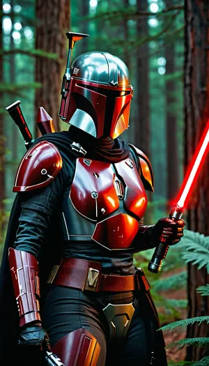 A female mandalorian, sleek revealing black armor with red details, bare skin, forest planet with space ship in the back round, wielding a red lightsaber, d&d, fantasy, highly detailed, digital painting, artstation, sharp focus, fantasy art, illustration, 8k, in the style of greg rutkowski. It's an absolute world-class masterpiece artwork. It's an aesthetically pleasing artwork with impeccable attention to detail and impressive composition.
