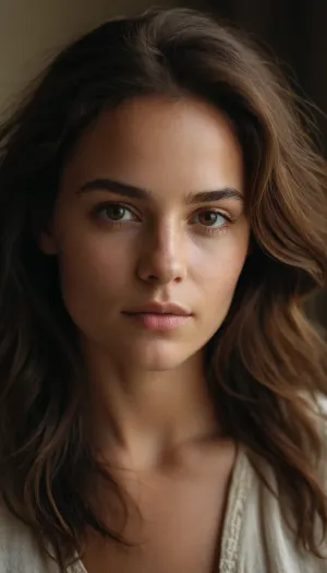 (portrait, 3/4 view), young female adult with northern European and Northern African heritage, natural skin texture, subtle and natural facial expression, (no excessive makeup), (no plastic-like skin), realistic skin tones, balanced lighting, soft shadows, detailed eyes, slightly tousled hair, subtle beauty, (rich in details, no luxury model look), minimalistic background, warm tones, professional but natural atmosphere, natural lighting, (natural freckles or skin imperfections:.6), casual but elegant pose, slightly relaxed demeanor, clear yet soft focus, soft textures