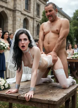 (Yennefer), college woman, ((young woman:1.7), (youthful face:1.3), (petite:1.3), short, slim, slender), (tiny breasts), at wedding party, conservative white wedding dress, garter belt and sheer white stockings, white high heels, (hands tied with duct tape:1.3), wedding bouquet, surprised, open mouth, (bend over table), (anal fucked by old dirty homeless man), huge cock, (3rd person), anal sex, (doggy style anal sex), rough anal sex, very deep anal penetration, hard fucking, outdoors, wedding guests watching, crowd, late afternoon, (torn and ripped clothes), detailed face, detailed hair, detailed body, detailed skin, detailed breasts, detailed very tight hairy pussy, (High, Resolution), (More, Details), (8K)