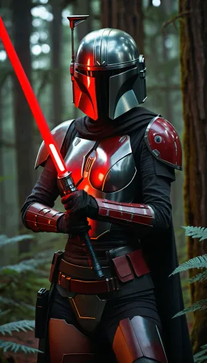 A female mandalorian, sleek revealing black armor with red details, bare skin, forest planet with space ship in the back round, wielding a red lightsaber, d&d, fantasy, highly detailed, digital painting, artstation, sharp focus, fantasy art, illustration, 8k, in the style of greg rutkowski. It's an absolute world-class masterpiece artwork. It's an aesthetically pleasing artwork with impeccable attention to detail and impressive composition.